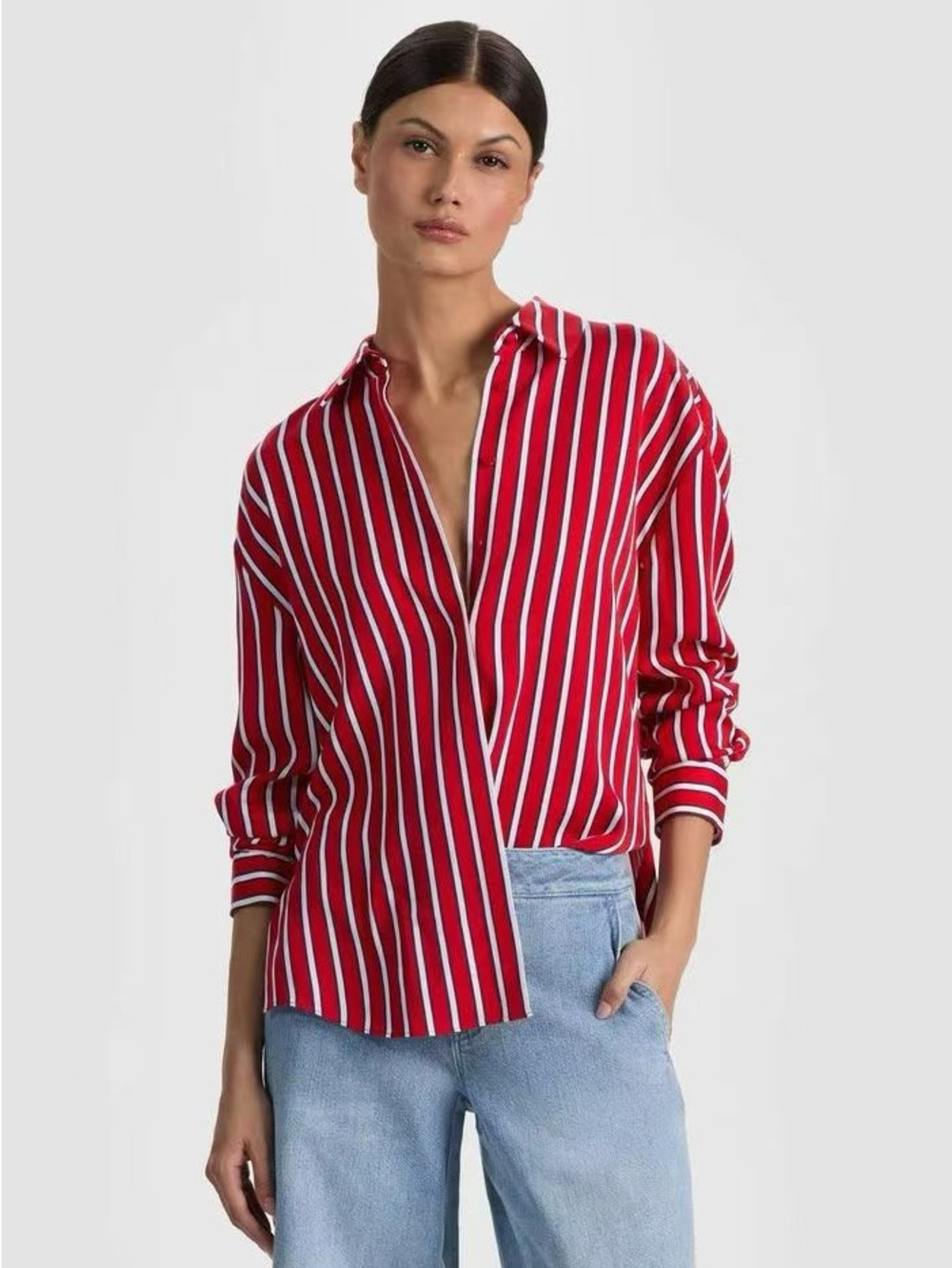 NWOT Alice + Olivia Red Striped Button-Down Shirt, Size XS/S/M/L